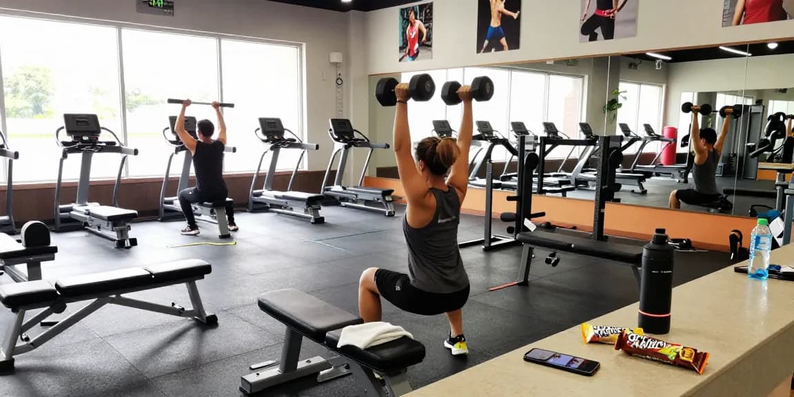 Aktive Person im Unique Pharma Shop Fitnessstudio beim Gewichtetraining, umgeben von modernen Geräten und motivierenden Postern.