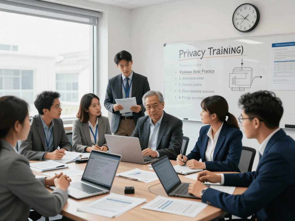 Öffentliche und gemeinnützige Einrichtungen Kommunen bei Datenschutz- und Barrierefreiheitsdiskussionen in einem Behördenbüro.
