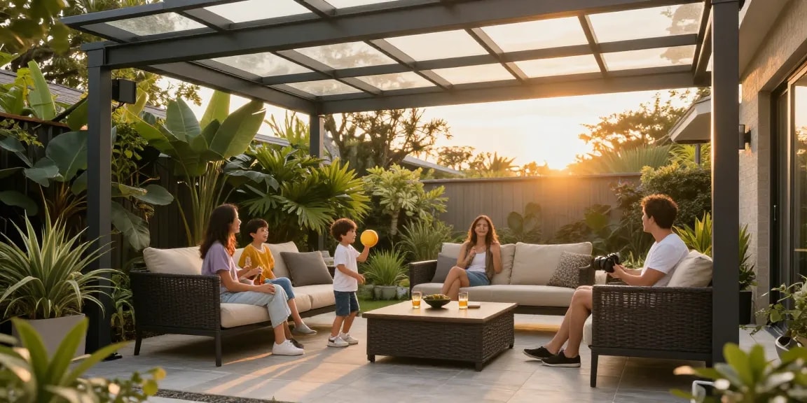Familie genießt die Terrassenüberdachung im Garten während des Sonnenuntergangs.