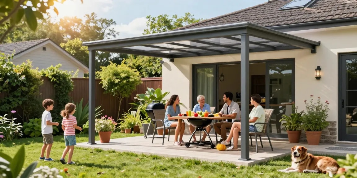 Gemütliche Sommerfeier unter einer freistehenden Terrassenüberdachung im Garten, Familie genießt die Zeit.