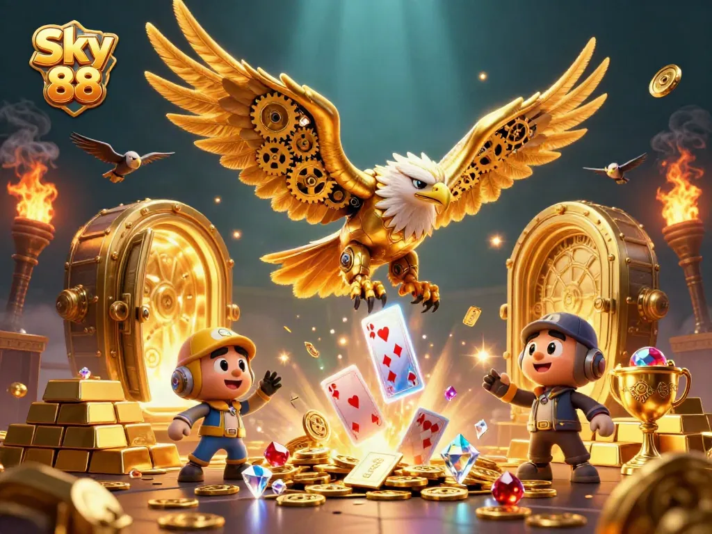 Experience thrilling action with Sky 88's cybernetic eagle soaring through golden treasures in this dynamic casino scene.