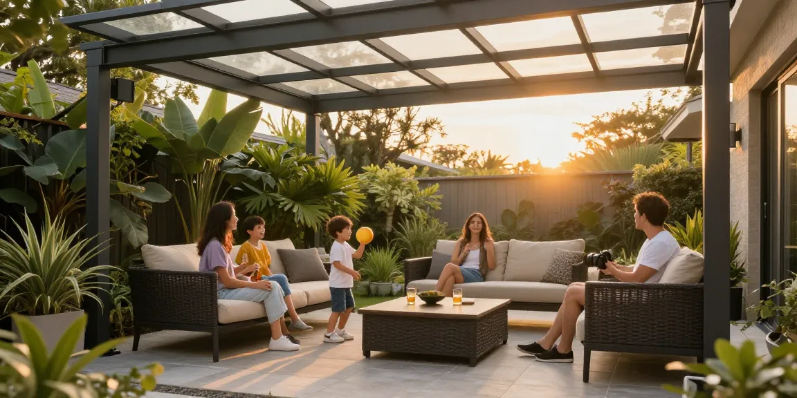 Familie genießt die Terrassenüberdachung im Garten während des Sonnenuntergangs.
