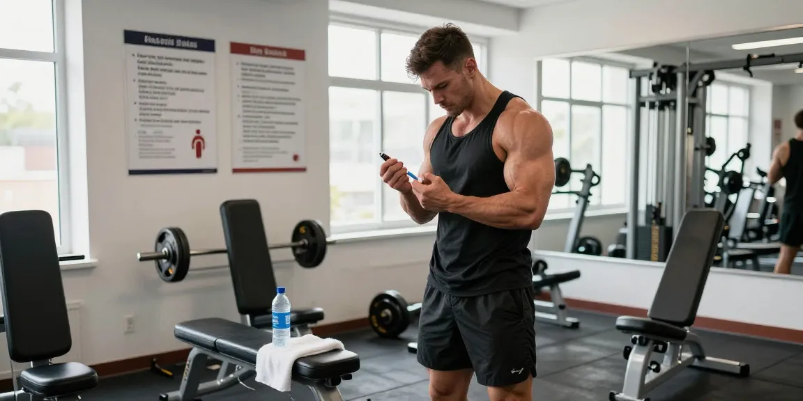 Anabolika Shop - Bodybuilder demonstriert sichere Injektionstechnik in einem modernen Fitnessstudio.