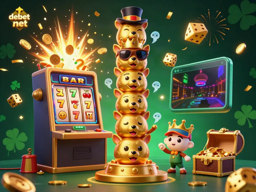 Experience the thrill of debet net with a vibrant 3D casino scene featuring lively characters, slot machines, and golden treasure.
