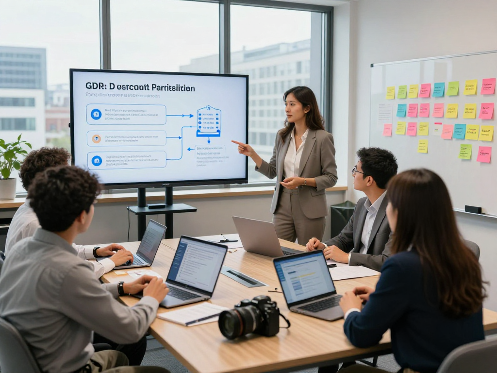 Team discussing Datenschutz und Barrierefreiheit for Öffentliche und gemeinnützige Einrichtungen Kommunen in modern office setting.