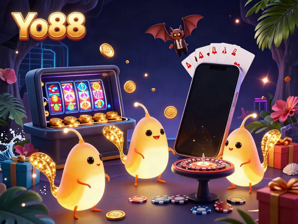 Experience the vibrant casino atmosphere with Yo88's colorful glowworms illuminating a fun gaming scene.