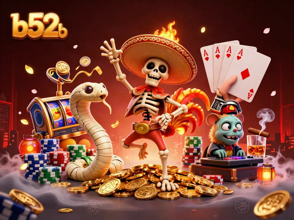 Join the b52club for thrilling winning moments with colorful slot reels and animated characters.