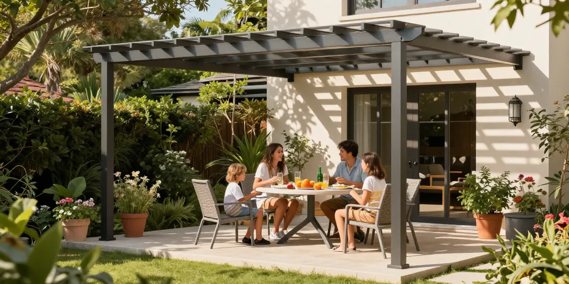 Terrassenüberdachungen mit Aluminiumstruktur, Familie genießt den sonnigen Tag draußen.