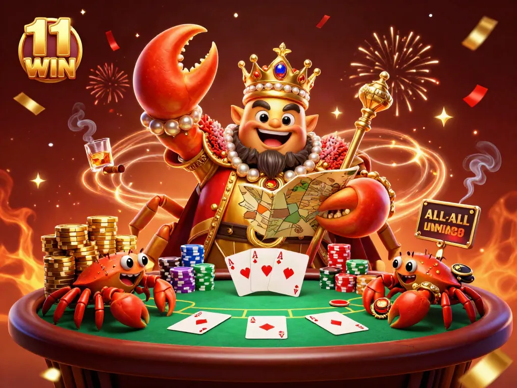 Join the excitement at 11 WIN casino with a golden crab emperor overseeing lively poker action.