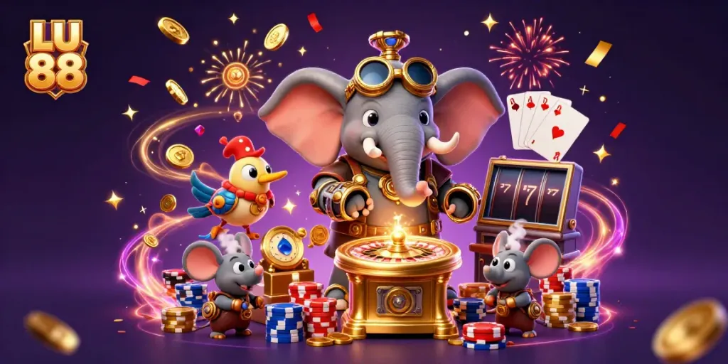 Experience exciting gameplay at LU 88 with dynamic slot machines, golden coins, and colorful poker chips.