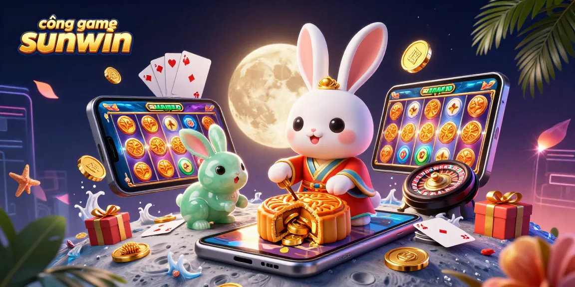 Engage with cổng game sunwin through a vibrant 3D illustration of a moon rabbit and gaming elements.
