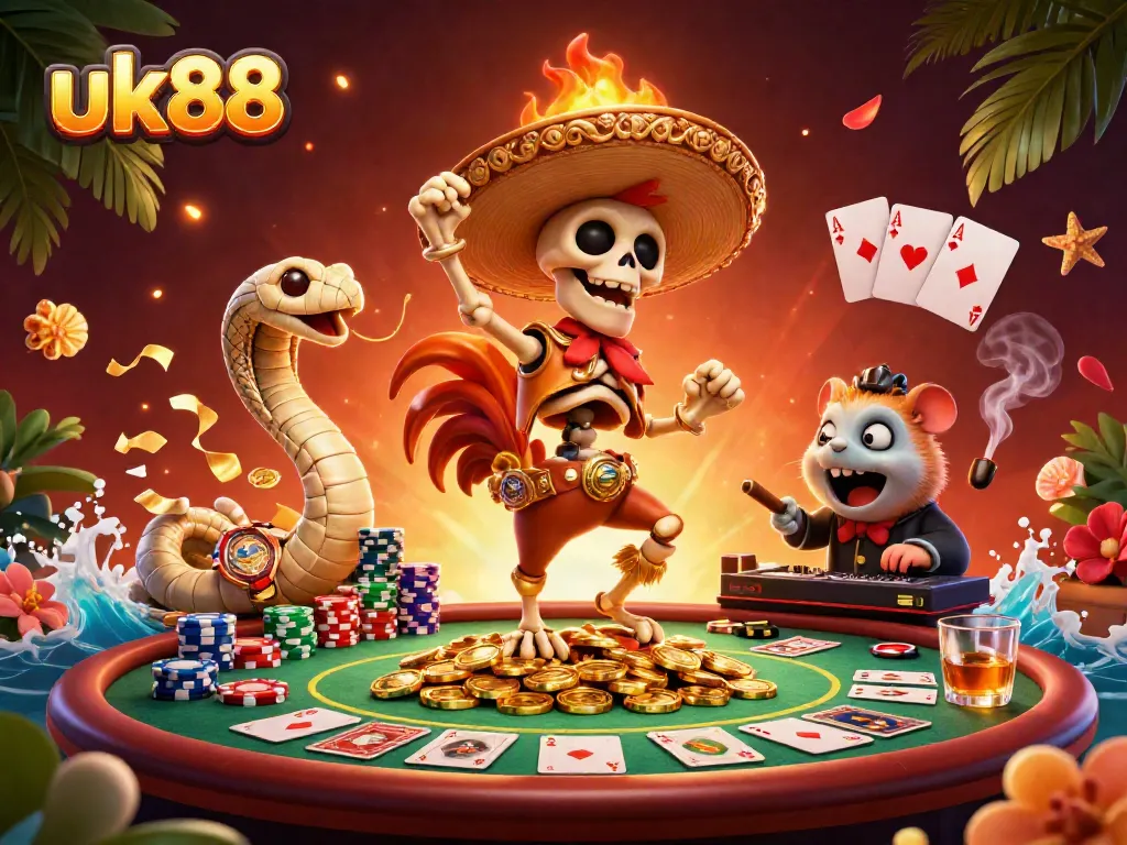 uk88 shows an energetic casino celebration with a victorious mariachi rooster, vibrant casino elements and dynamic gaming atmosphere.