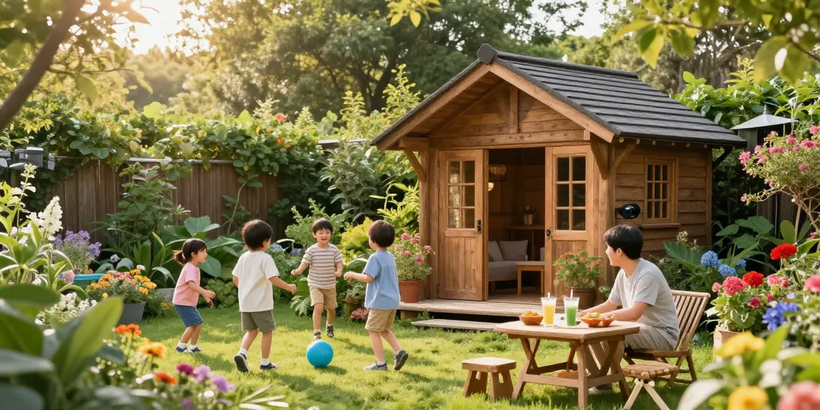 Garten Haus umgeben von Blumen und spielenden Kindern im Garten.
