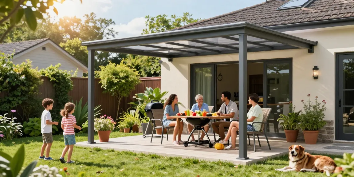 Gemütliche Sommerfeier unter einer freistehenden Terrassenüberdachung im Garten, Familie genießt die Zeit.