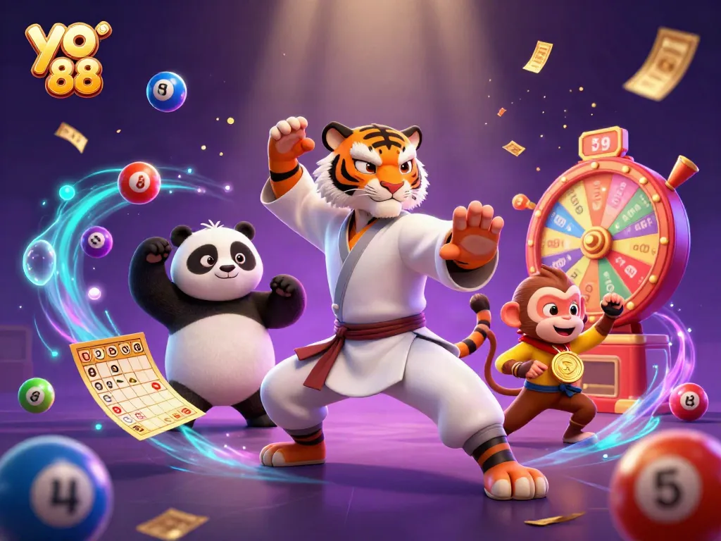 Experience thrilling wins with yo 88 as a kung fu tiger master and friends celebrate in a vibrant casino world.