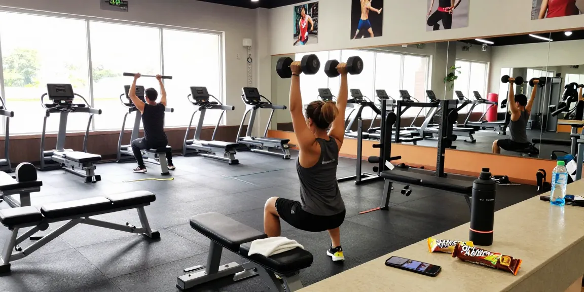 Aktive Person im Unique Pharma Shop Fitnessstudio beim Gewichtetraining, umgeben von modernen Geräten und motivierenden Postern.