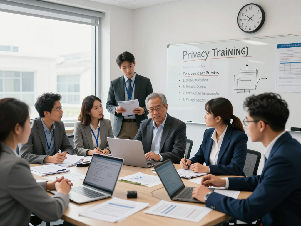 Öffentliche und gemeinnützige Einrichtungen Kommunen bei Datenschutz- und Barrierefreiheitsdiskussionen in einem Behördenbüro.