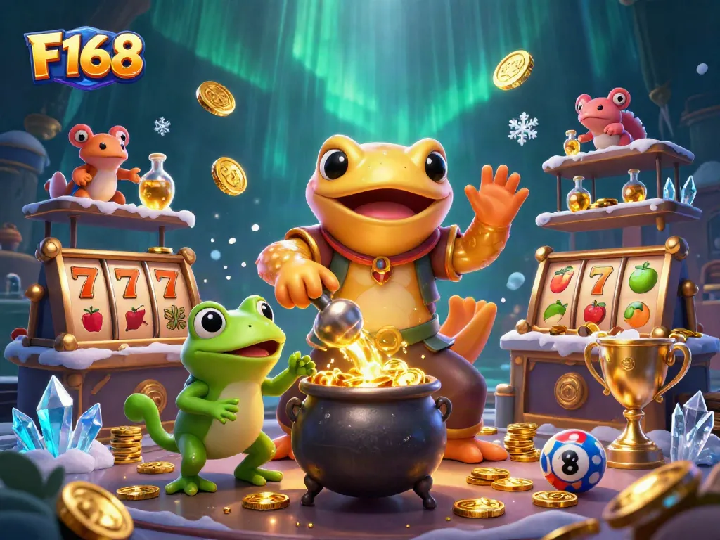 Experience the thrilling gameplay of F168 with a vivid 3D illustration showcasing an alchemist and vibrant casino elements.