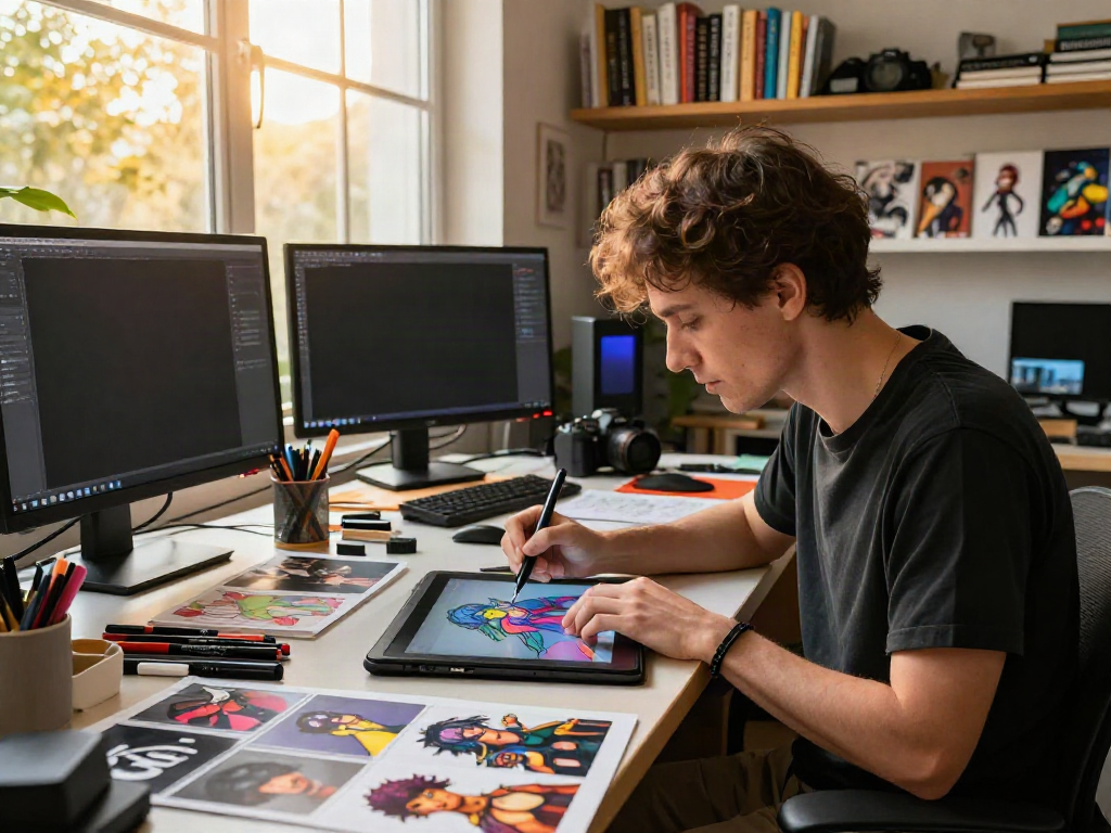 Artist creating stunning 18+ AI visuals in a vibrant studio