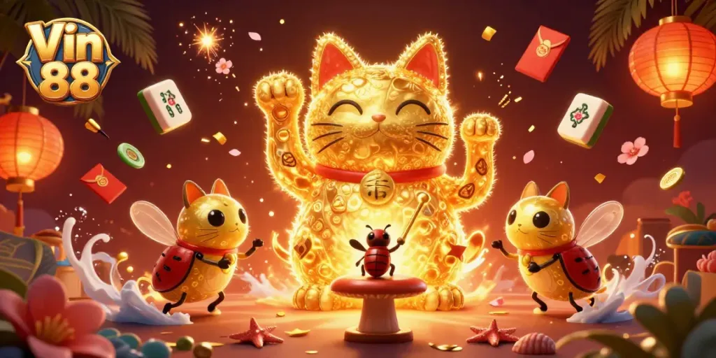 Engage with Vin 88's vibrant casino world featuring a lucky cat and festive elements.