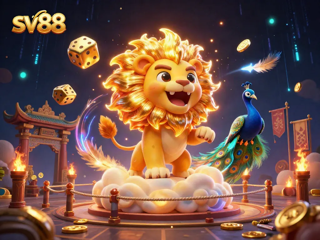 Experience the thrill of sv88 with a lion and golden dice in a vibrant casino scene.